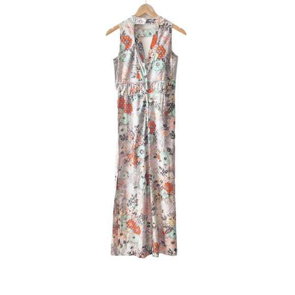 True Vintage 70s Mary Martin Floral Silver Metallic Sleeveless Maxi Dress Small - Picture 3 of 7